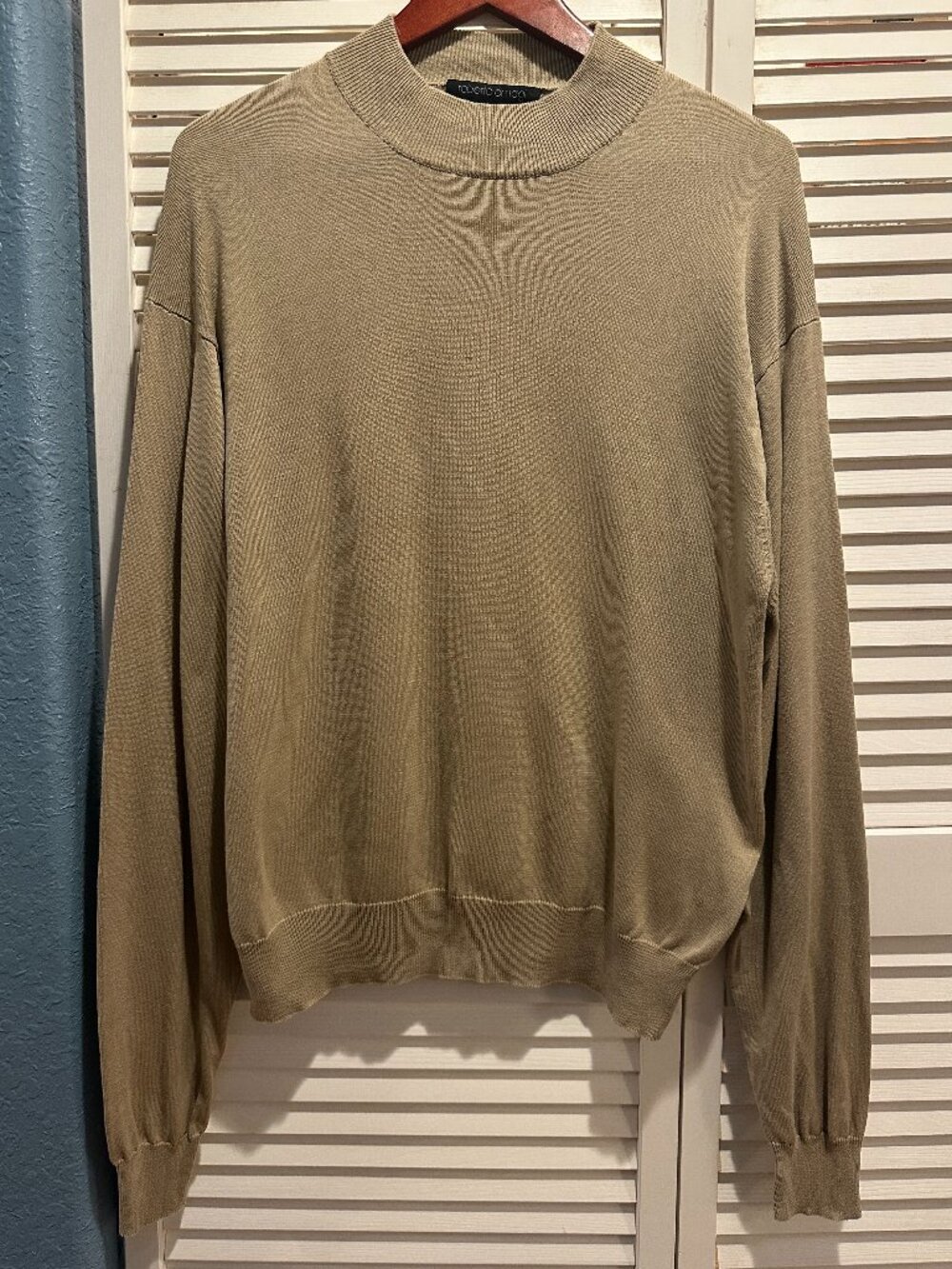 Mens XL Silk Cotton Mock Neck Sweater Tan Khaki Roberto Omagi Quiet Luxury